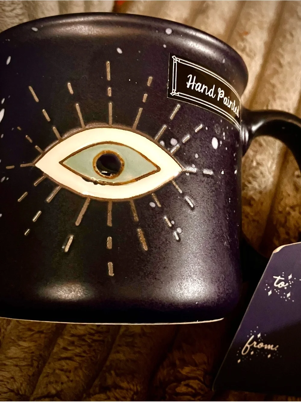 Set of 2, Hand-Painted Mystical Eye Ceramic Mug — Black with Teal Accent